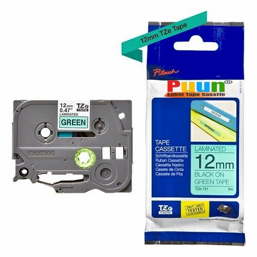 Puun Brother P-Touch TZE-731 aze731 12MM x 8m Yeşil Üzerine Siyah Muadil Laminasyon Etiket Şeridi