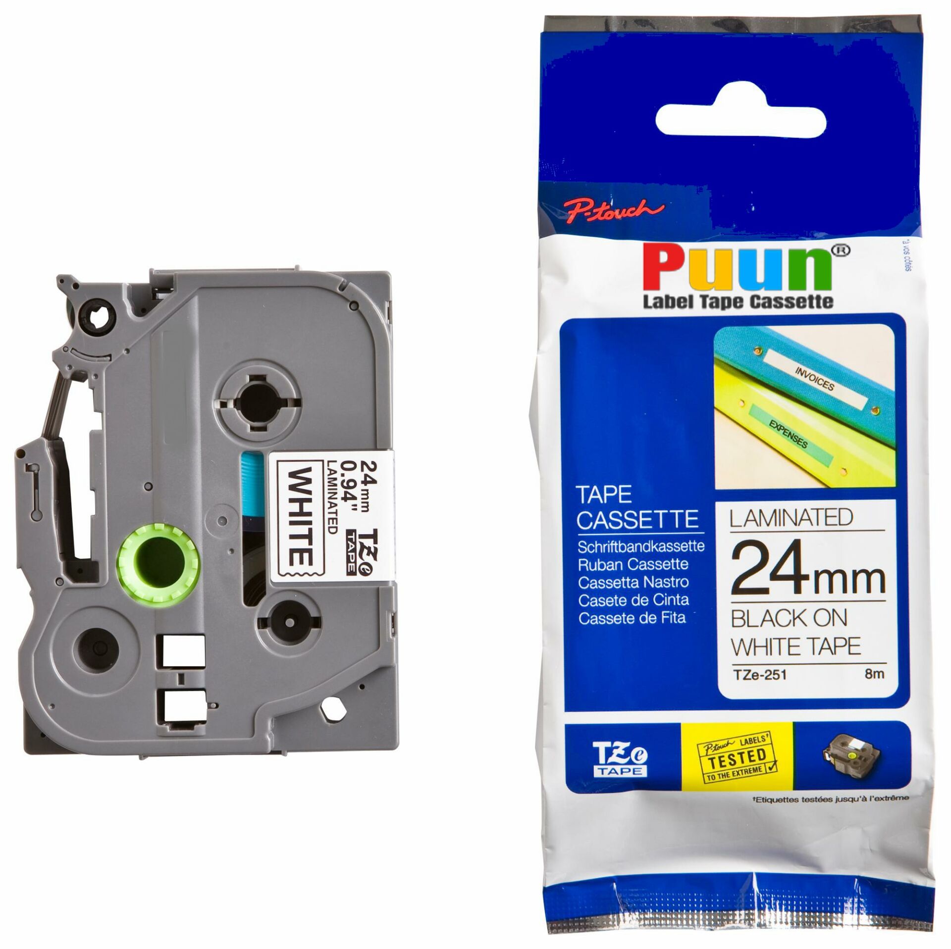 Puun Brother P-Touch TZE-251 24MM x 8m Beyaz Üzerine Siyah Muadil Laminasyon Etiket Şeridi