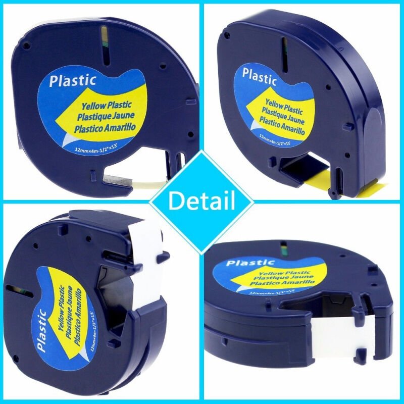 DYMO Muadil LetraTag bant 91202 / 59423 / S0721620 Sarı Plastik Etikete Siyah 4m x 12mm 4 Adet