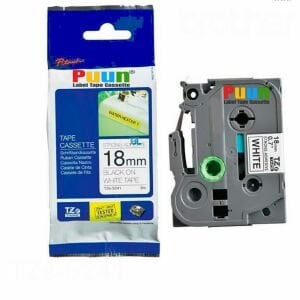 Puun Brother P-Touch TZE-S241 18MM x 8m Güçlü Yapışkanlı Beyaz Üzerine Siyah Muadil Laminasyon Etiket Şeridi