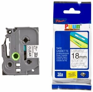 Puun Brother P-Touch TZE-141 18mm X 8m Şeffaf Üzerine Siyah Muadil Laminasyon Etiket Şeridi