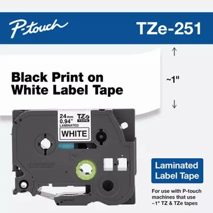 Brother tze-251 24mm X 8m Beyaz Üzerine Siyah ORİJİNAL Laminasyon Etiket Şeridi 2430PC, 2500pc, 2600, 2610, 2700, 2710, 2730, 2730VP, 7500, 7600, 9400, 9500PC, 9600, 9700PC, 9800PCN, P900W, P950W,